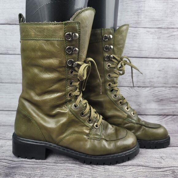 Stuart Weitzman Workman Olive Green Sherpa Lined Combat High Top Boots Size 6.5 - Picture 1 of 13
